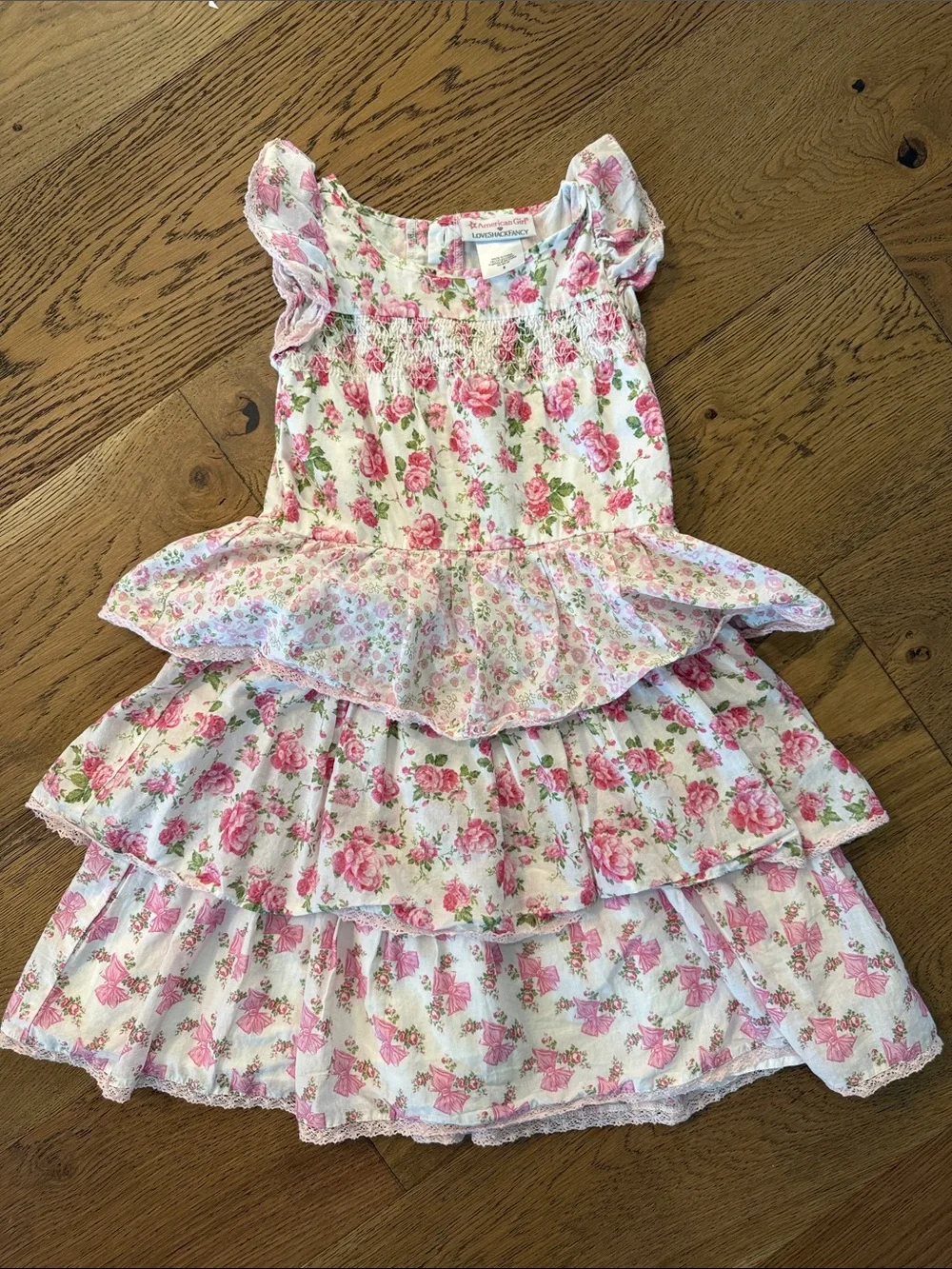 LoveShackFancy White and Pink Floral Tiered Dress for Girls